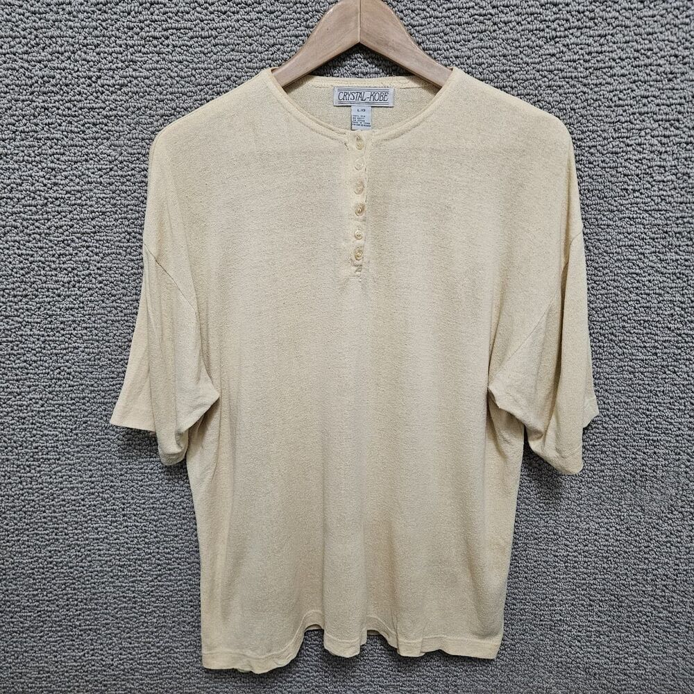CRYSTAL-KOBE Ivory Silk Knit Henley Short Sleeve Sweater Top Size L/G